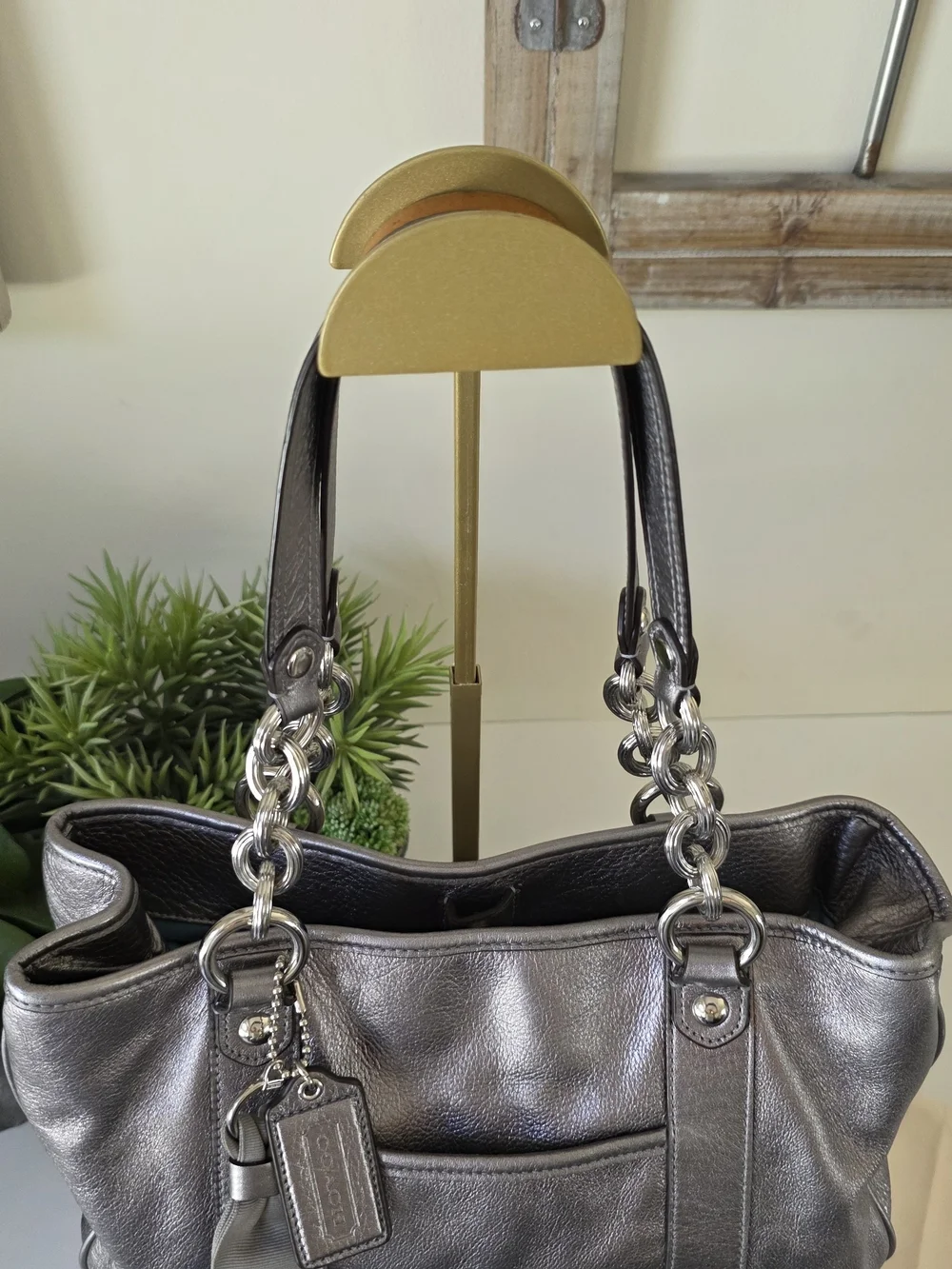 Coach Poppy Pushlock Metallic Leather Tote Y2K Silver Gray